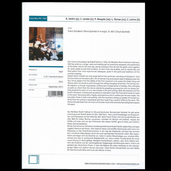 Franz Schubert, Rudolf Serkin, Jaime Laredo, Leslie Parnas, Philipp Naegele, Julius Levine : "Trout" Quintet (Test Pressing) - Audiophile