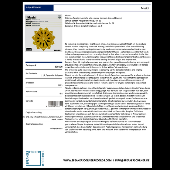 I Musici – Barber: Adagio For Strings, Op. 11; Respighi: Antiche Danze Ed Arie Per Liuto; Britten: Simple Symphony, Op. 4; Bartók: Roumanian Folk Dances (Test Pressing) - Audiophile