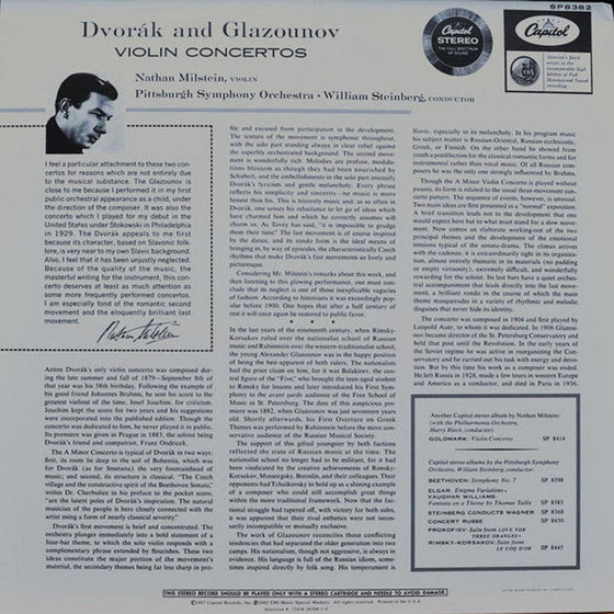 Antonín Dvořák & Alexander Glazunov – Violin Concertos - Nathan Milstein, William Steinberg, The Pittsburgh Symphony Orchestra