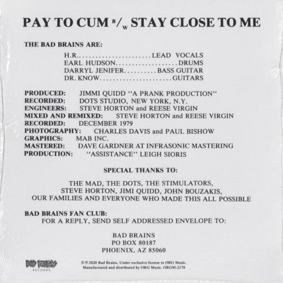 Bad Brains - Pay To Cum (7'', 45RPM) - AudioSoundMusic