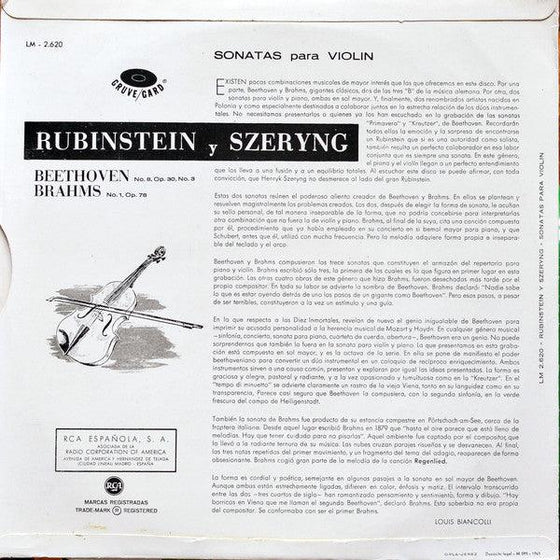 Beethoven - Sonatas No. 8 - Brahms - Sonatas No. 1 - Rubinstein and Szeryng (200g) - AudioSoundMusic