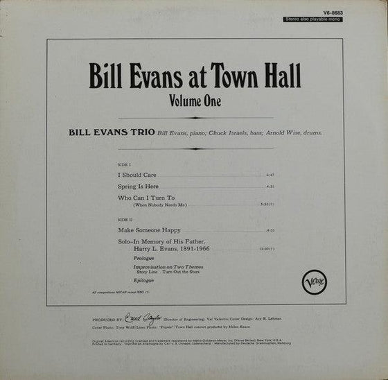 Bill Evans - At Town Hall Vol. 1 (1LP, 33RPM, 180g) - AudioSoundMusic