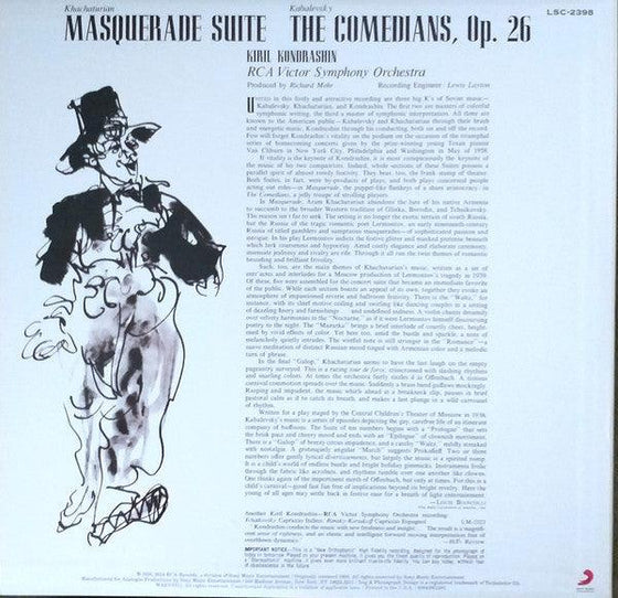 Khachaturian - The Masquerade Suite - Kabalevsky - The Comedians - Kiril Kondrashin (200g) - AudioSoundMusic