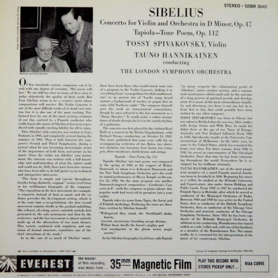 Sibelius – Violin Concerto in D Minor - Tossy Spivakosvky & Tauno Hannikainen (2LP, 45RPM, 200g) - AudioSoundMusic